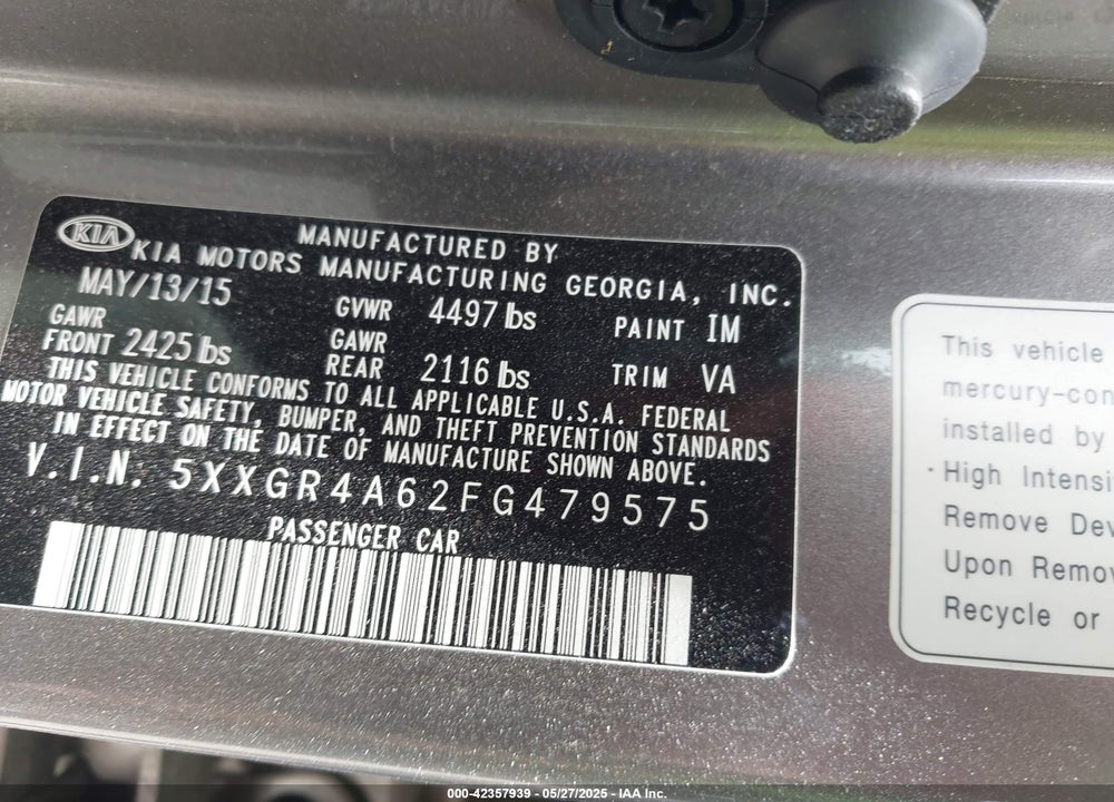 2015 KIA OPTIMA VIN: 5XXGR4A62FG479575