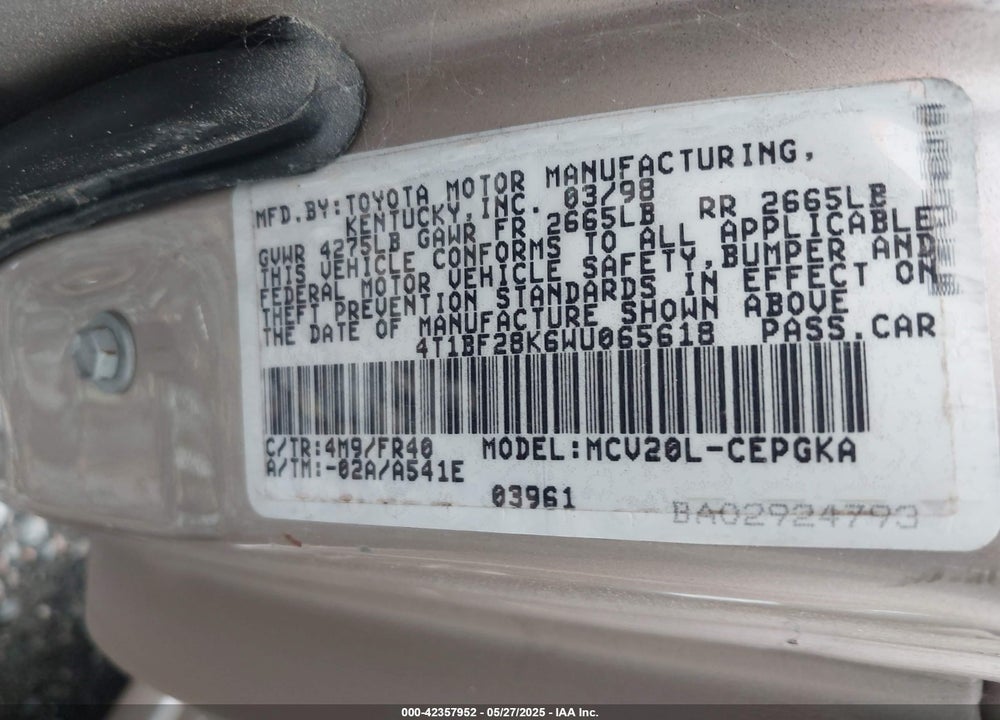 1998 TOYOTA CAMRY XLE V6 VIN: 4T1BF28K6WU065618
