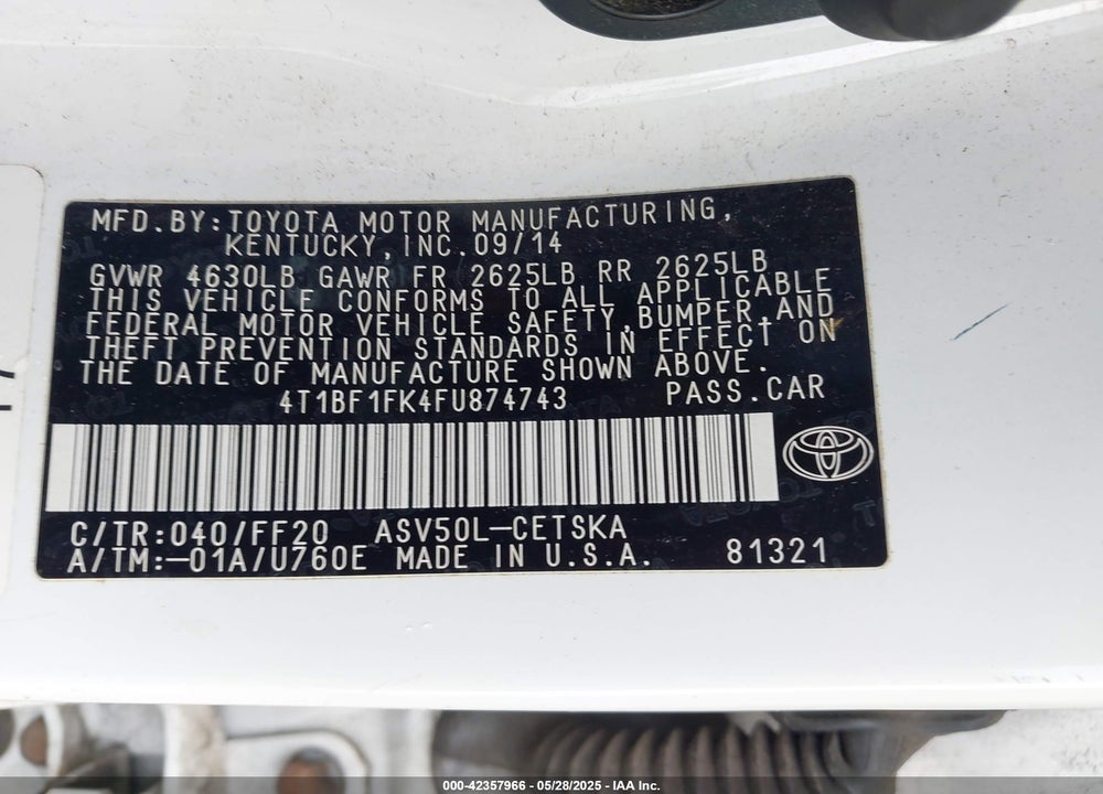 2015 TOYOTA CAMRY LE/SE/XLE/XSE VIN: 4T1BF1FK4FU874743