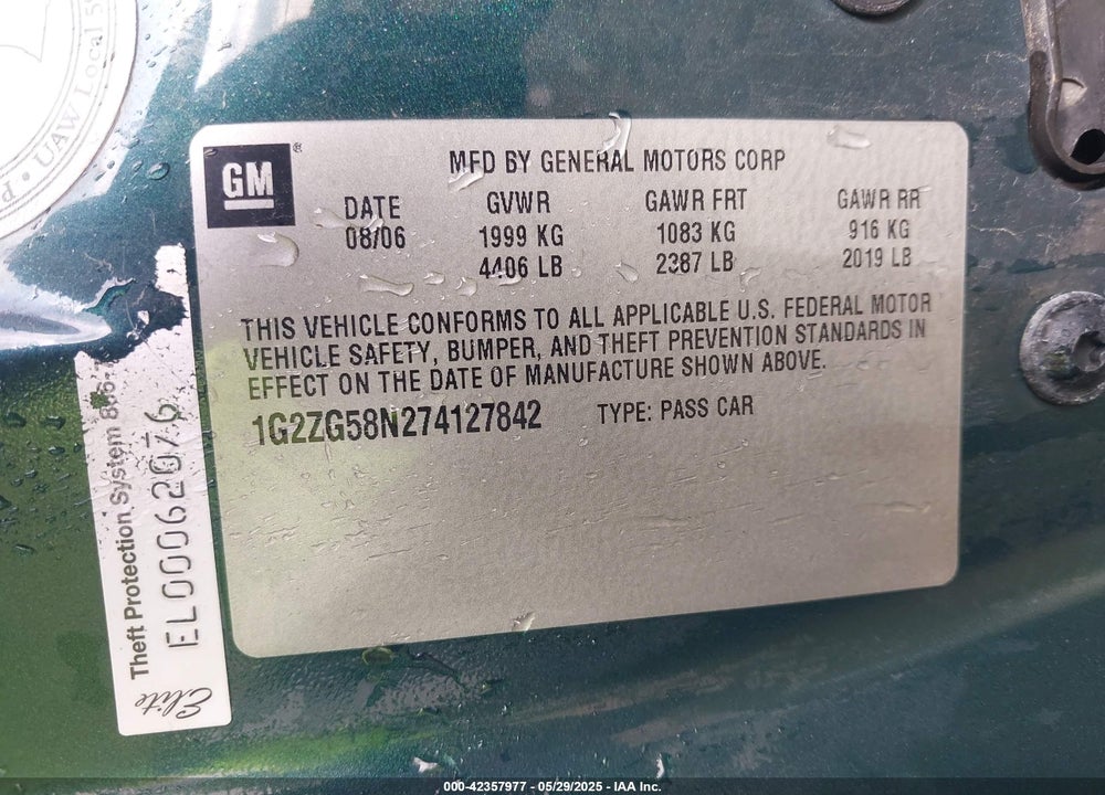 2007 PONTIAC G6 VIN: 1G2ZG58N274127842