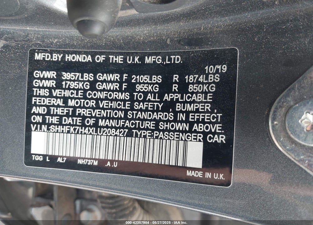 2020 HONDA CIVIC VIN: SHHFK7H4XLU208427