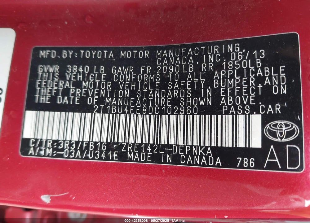 2013 TOYOTA COROLLA VIN: 2T1BU4EE8DC102960