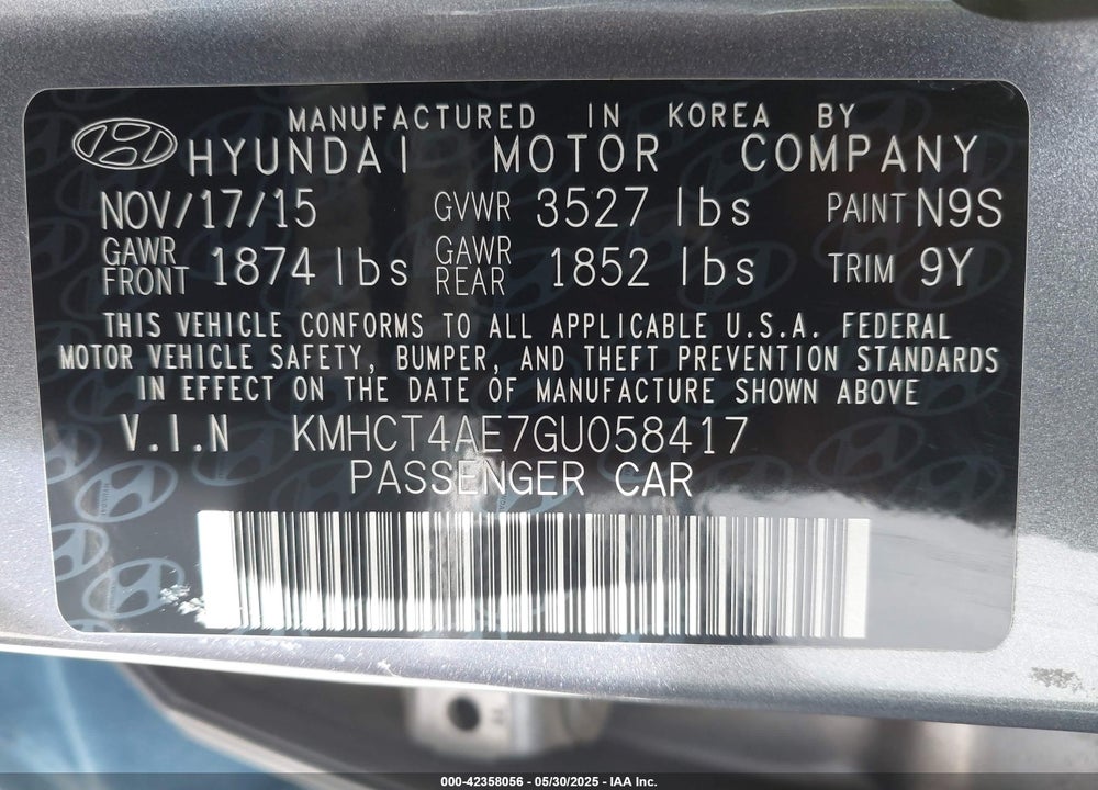 2016 HYUNDAI ACCENT VIN: KMHCT4AE7GU058417