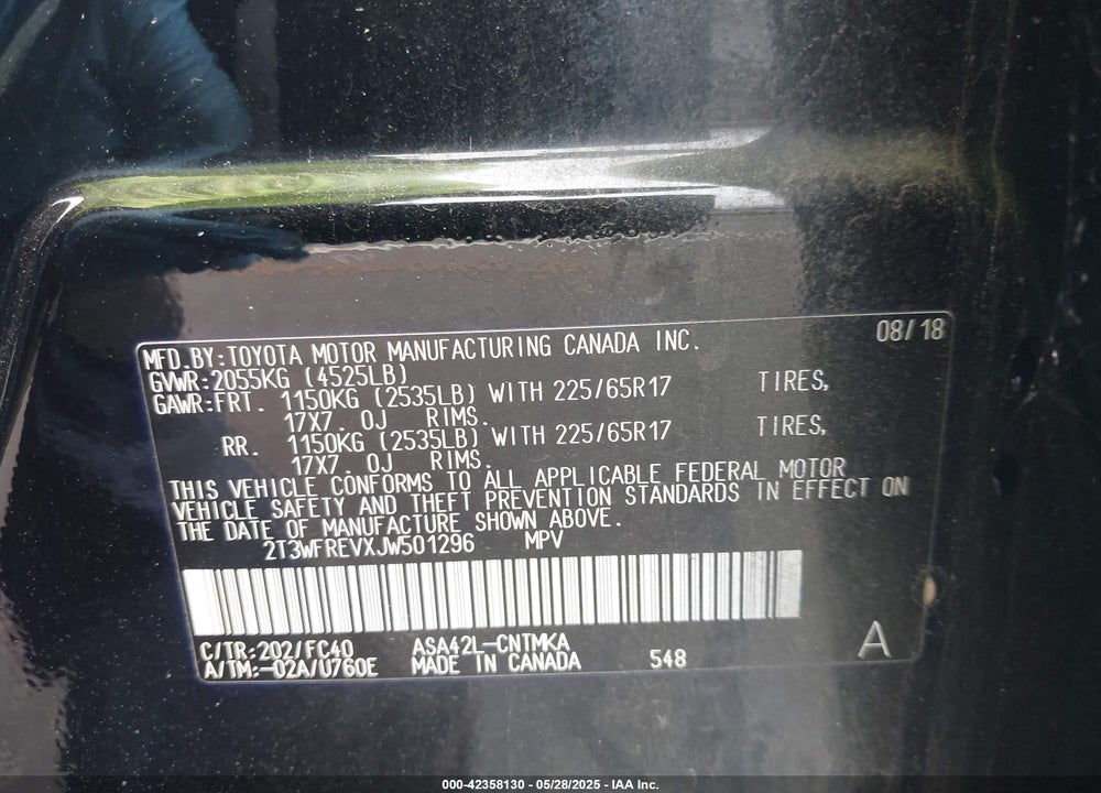 2018 TOYOTA RAV4 VIN: 2T3WFREVXJW501296