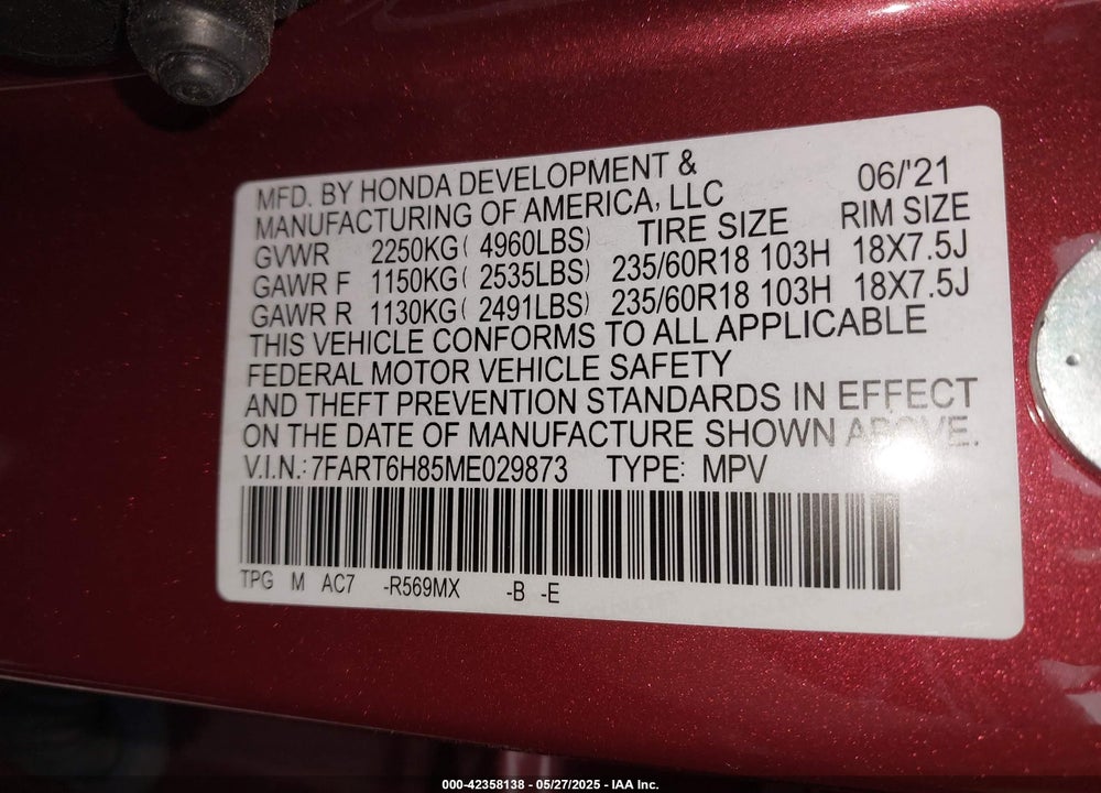 2021 HONDA CR-V HYBRID EX-L VIN: 7FART6H85ME029873