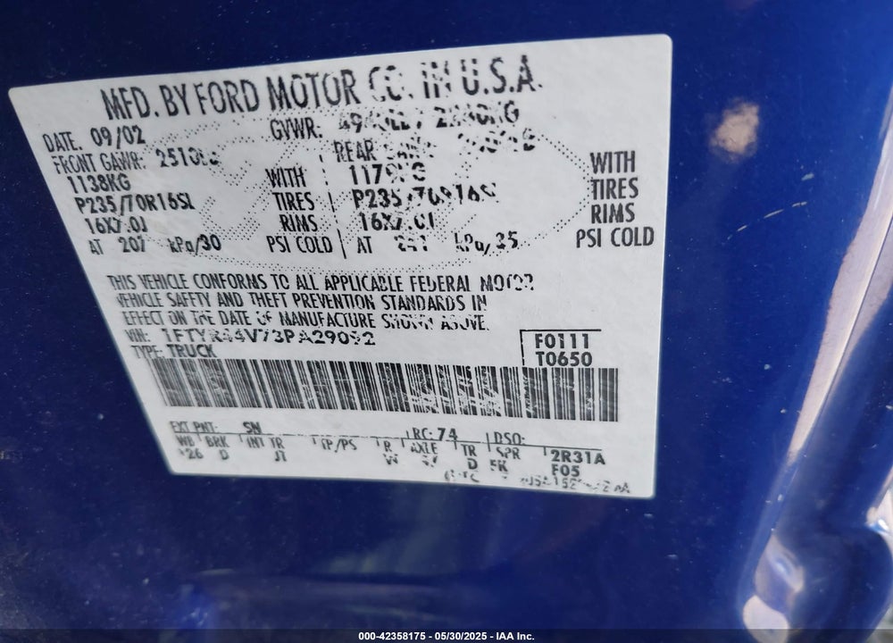 2003 FORD RANGER EDGE/TREMOR/XLT VIN: 1FTYR44V73PA29092