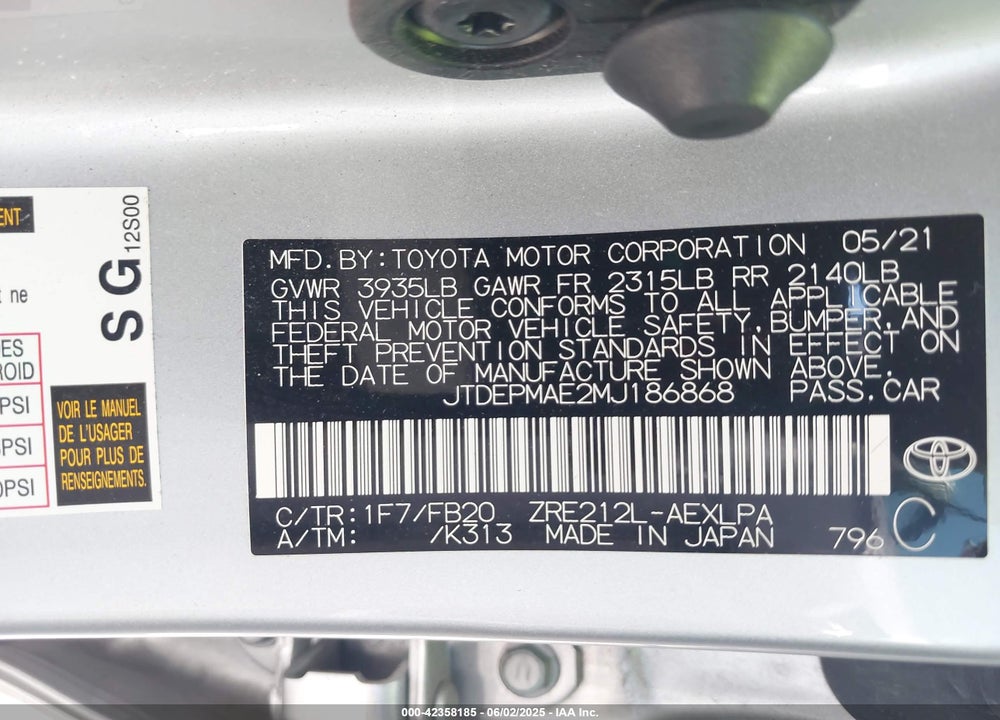 2021 TOYOTA COROLLA VIN: JTDEPMAE2MJ186868