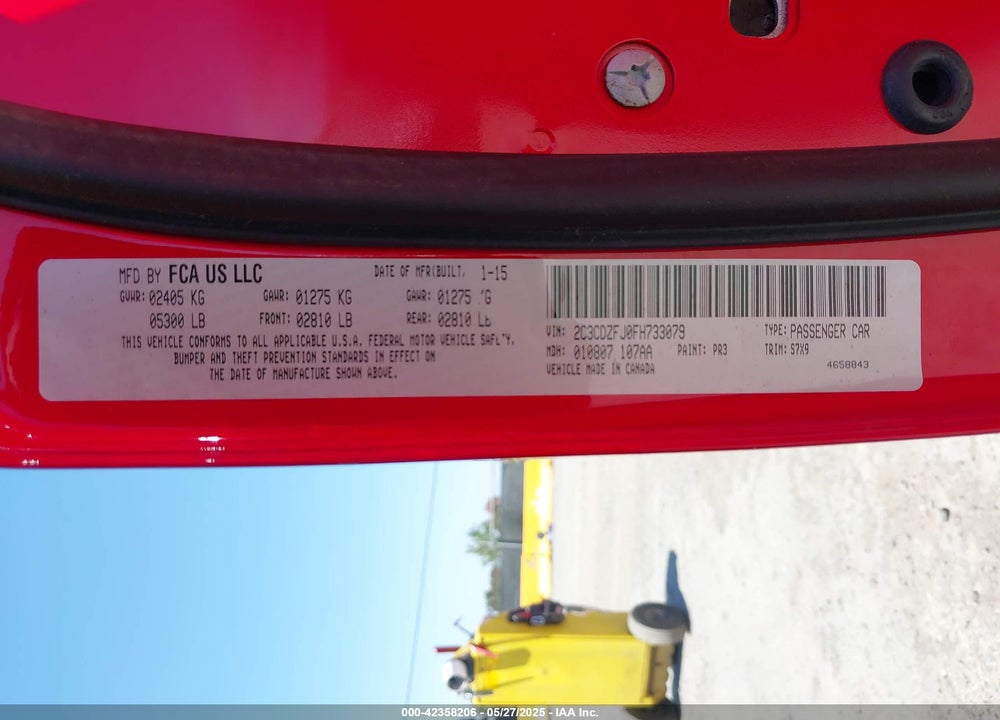 2015 DODGE CHALLENGER VIN: 2C3CDZFJ0FH733079