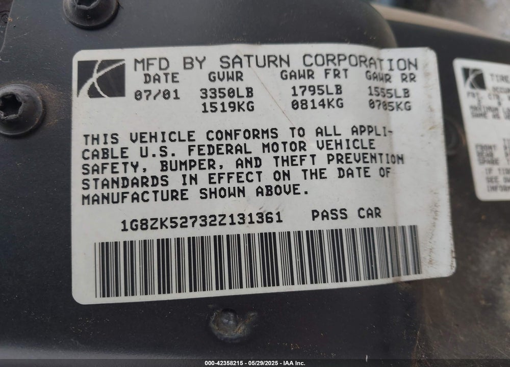 2002 SATURN S-SERIES SL2 VIN: 1G8ZK52732Z131361