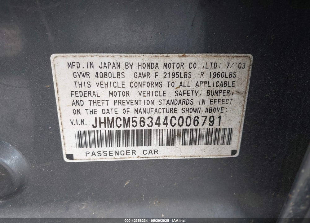 2004 HONDA ACCORD 2.4 LX VIN: JHMCM56344C006791