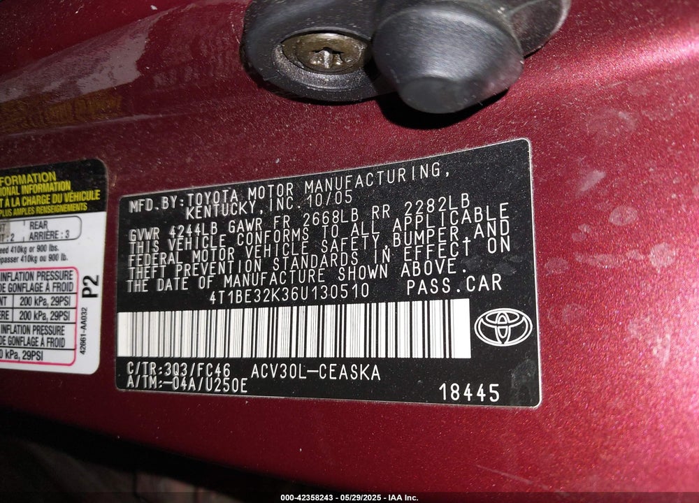 2006 TOYOTA CAMRY SE VIN: 4T1BE32K36U130510