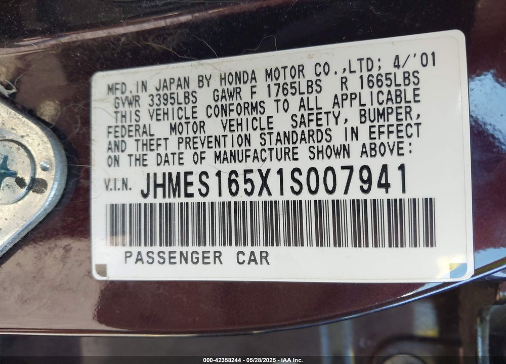 2001 HONDA CIVIC LX VIN: JHMES165X1S007941