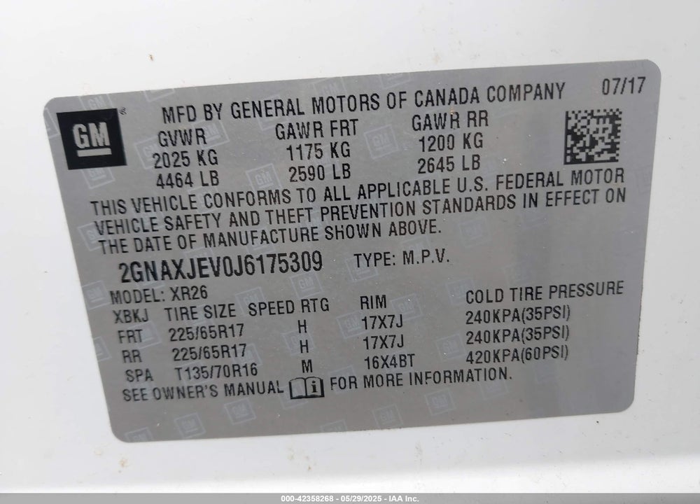 2018 CHEVROLET EQUINOX VIN: 2GNAXJEV0J6175309