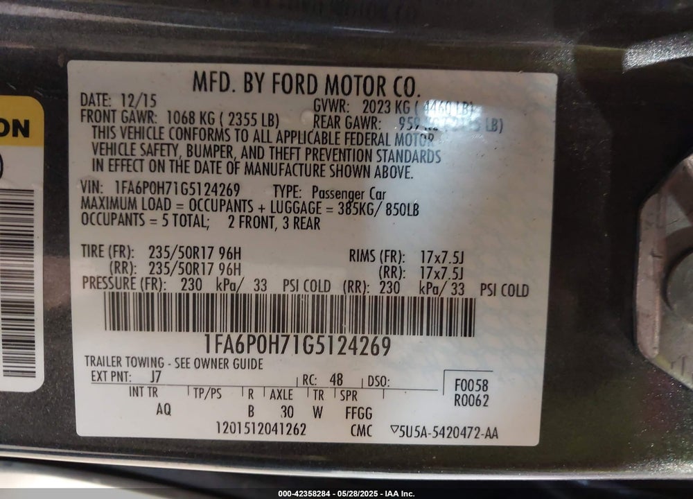 2016 FORD FUSION VIN: 1FA6P0H71G5124269