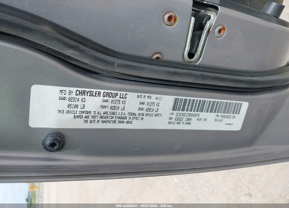 2011 CHRYSLER 300 LIMITED VIN: 2C3CA5CG7BH549570