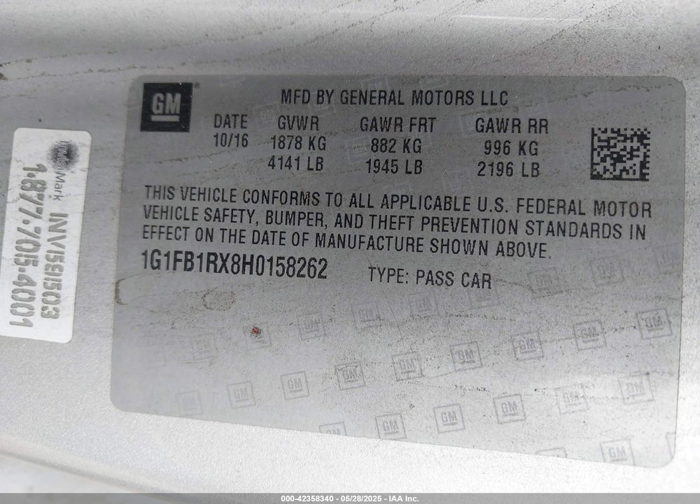 2017 CHEVROLET CAMARO VIN: 1G1FB1RX8H0158262