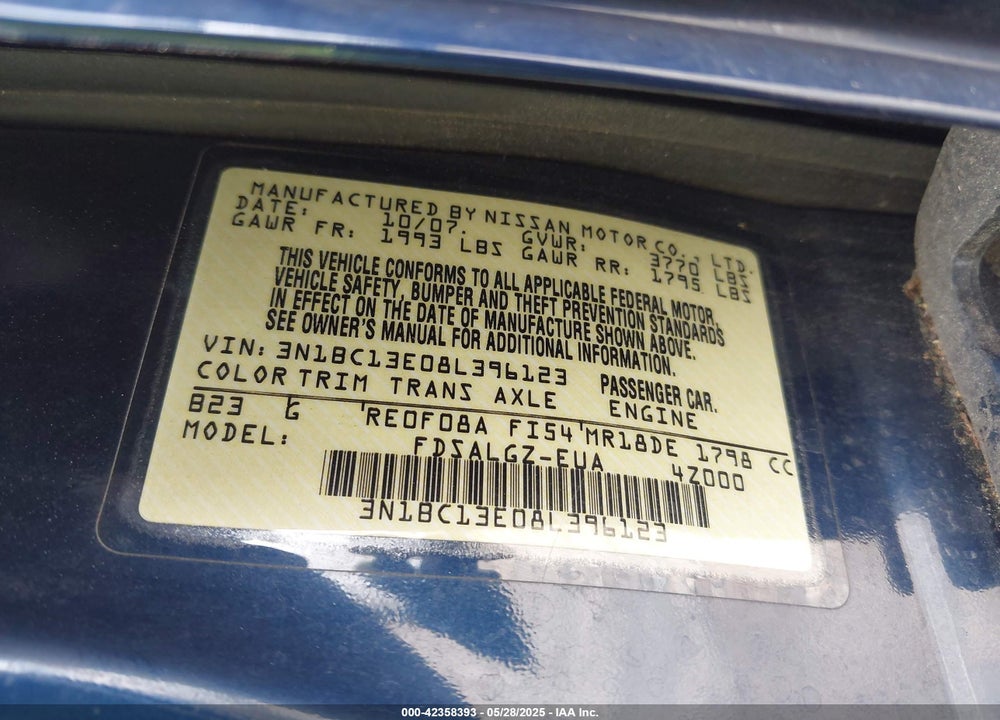2008 NISSAN VERSA VIN: 3N1BC13E08L396123