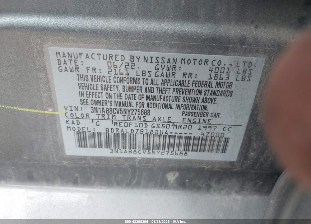2022 NISSAN SENTRA VIN: 3N1AB8CV5NY275688