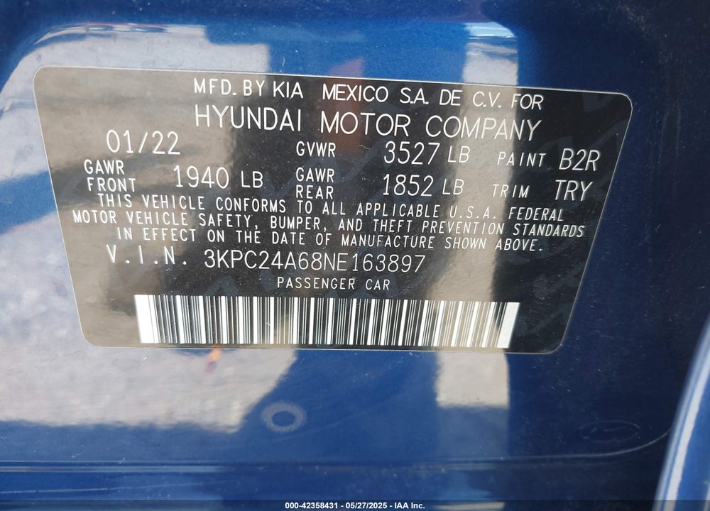 2022 HYUNDAI ACCENT VIN: 3KPC24A68NE163897