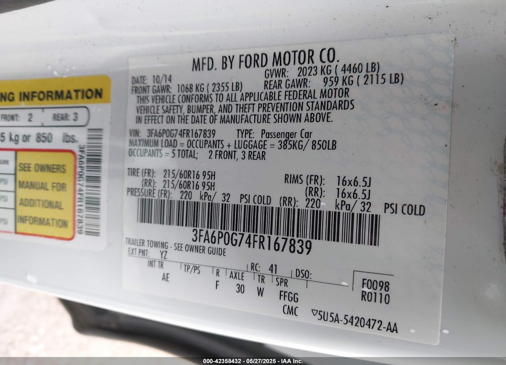 2015 FORD FUSION VIN: 3FA6P0G74FR167839
