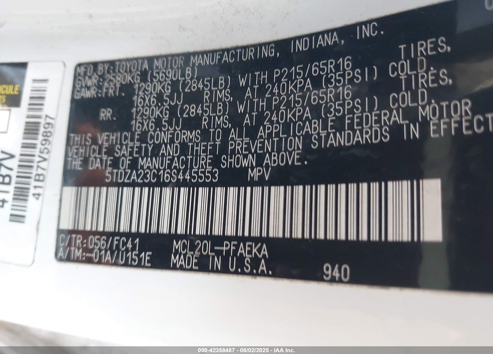 2006 TOYOTA SIENNA VIN: 5TDZA23C16S445553