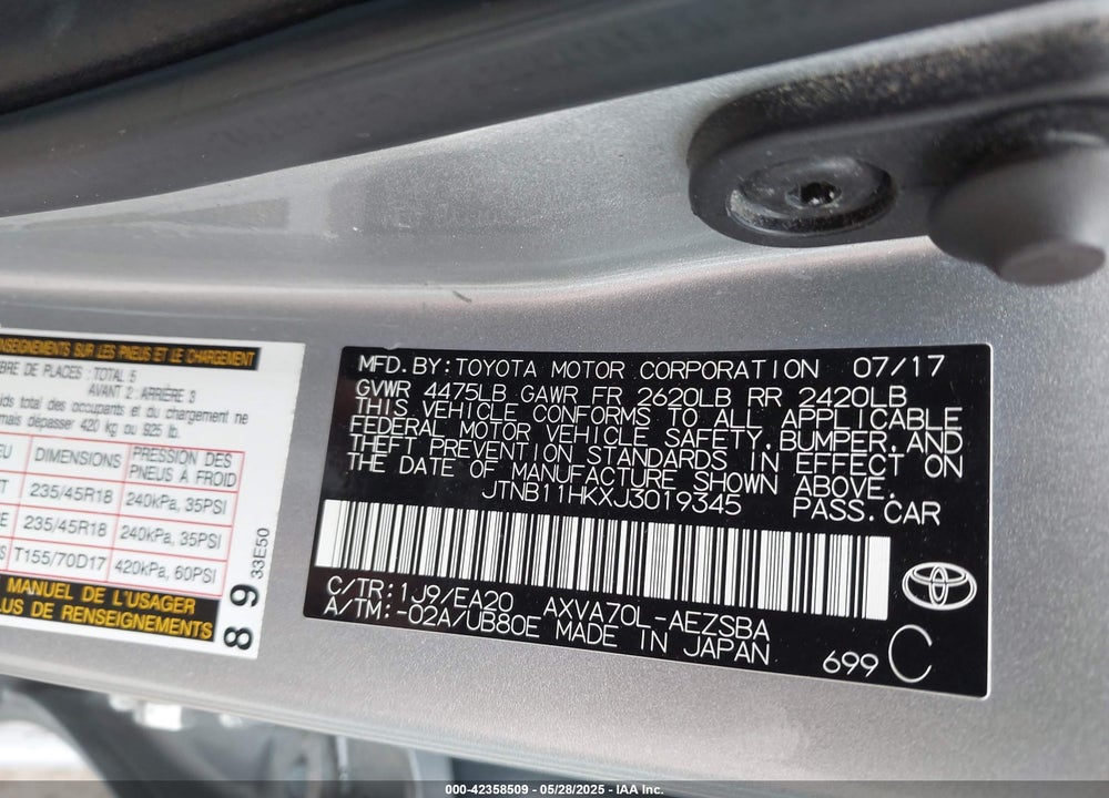 2018 TOYOTA CAMRY VIN: JTNB11HKXJ3019345