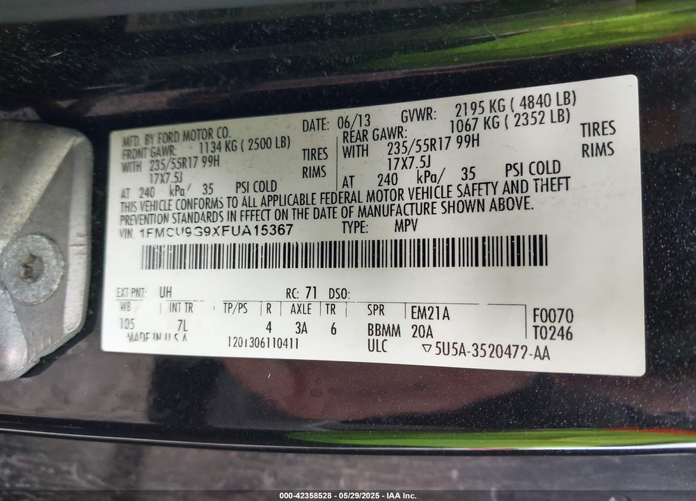 2014 FORD ESCAPE SE VIN: 1FMCU9G9XEUA15367