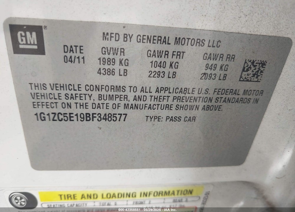 2011 CHEVROLET MALIBU VIN: 1G1ZC5E19BF348577