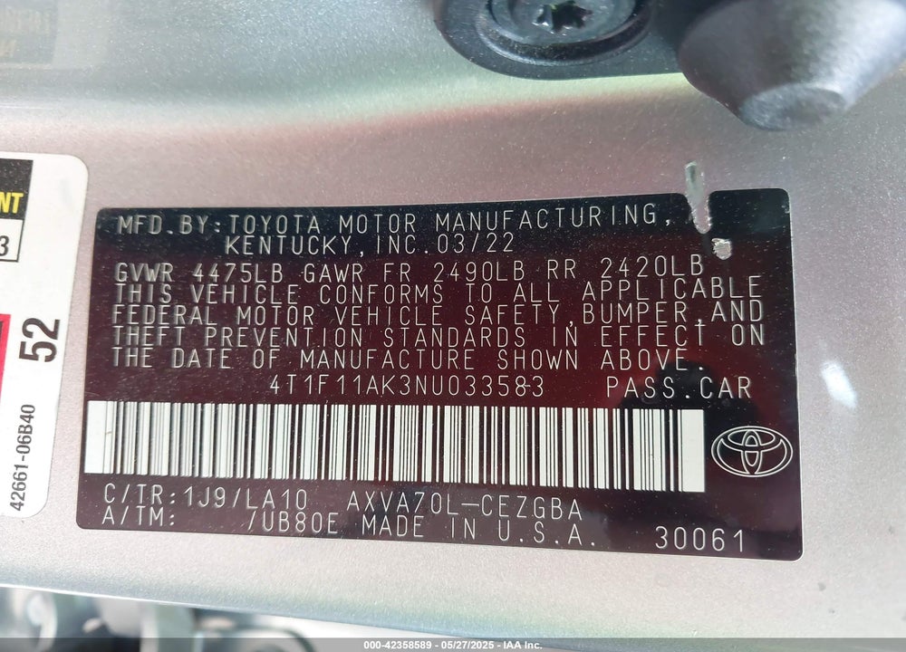 2022 TOYOTA CAMRY VIN: 4T1F11AK3NU033583