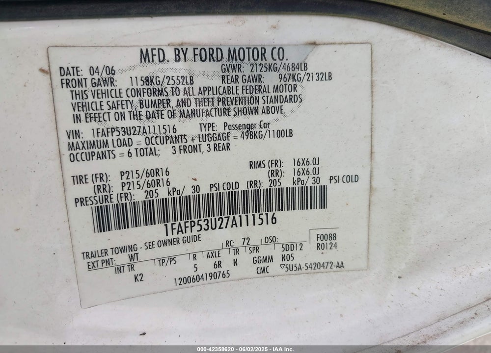 2007 FORD TAURUS SE VIN: 1FAFP53U27A111516