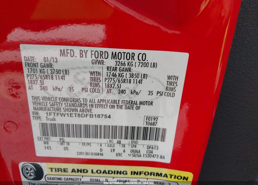 2013 FORD F-150 VIN: 1FTFW1ET8DFB18754
