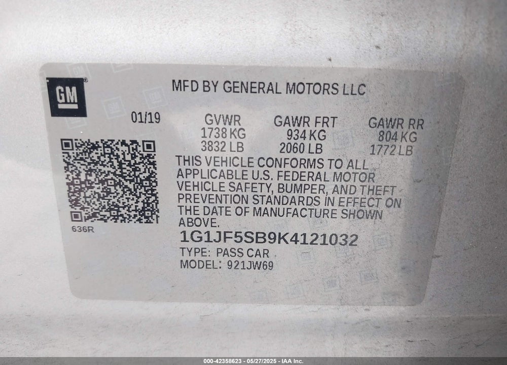 2019 CHEVROLET SONIC VIN: 1G1JF5SB9K4121032