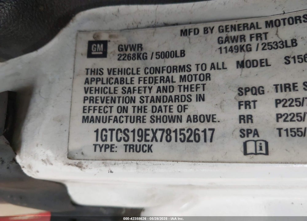 2007 GMC CANYON SLE1 VIN: 1GTCS19EX78152617