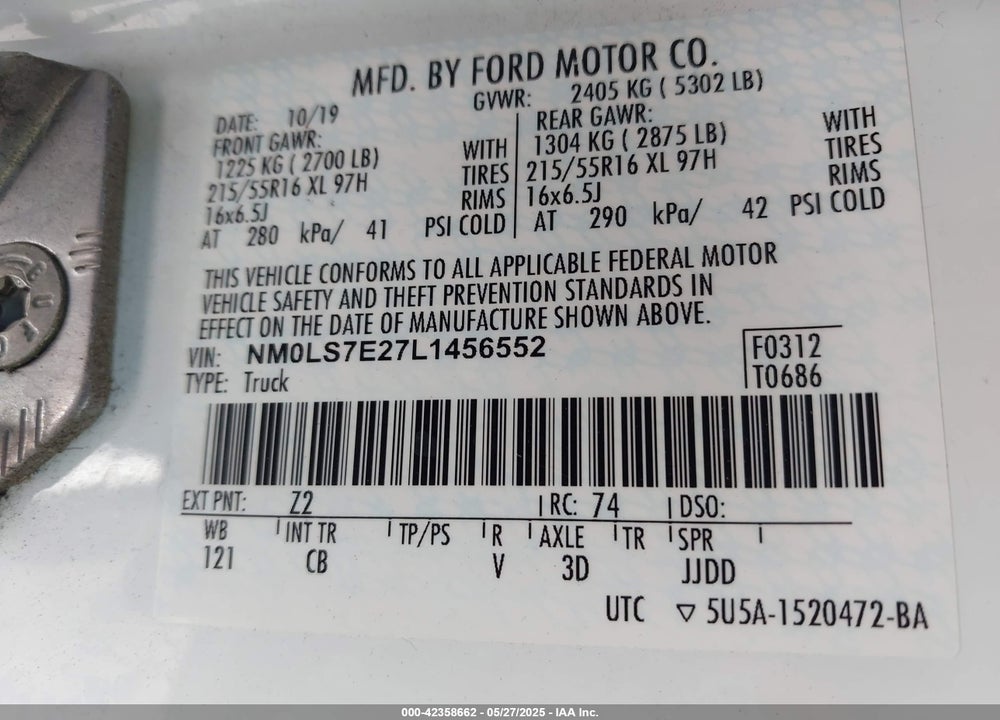 2020 FORD TRANSIT CONNECT VIN: NM0LS7E27L1456552