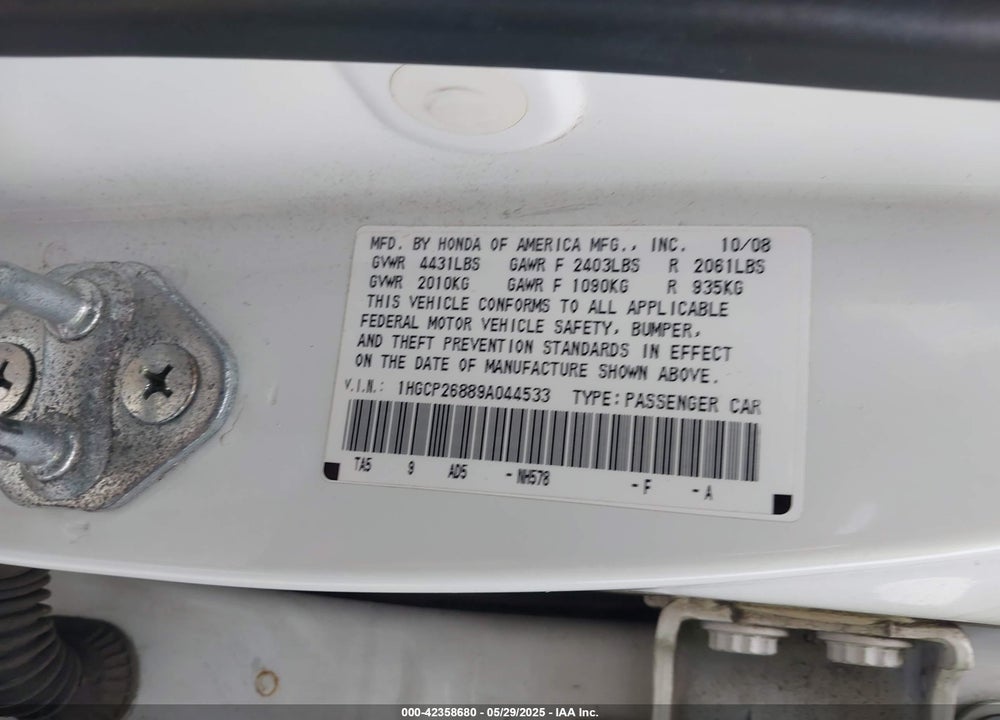 2009 HONDA ACCORD VIN: 1HGCP26889A044533