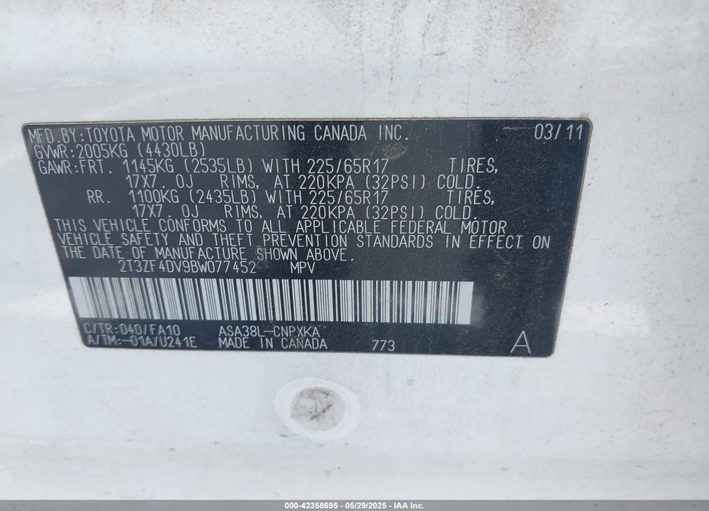 2011 TOYOTA RAV4 VIN: 2T3ZF4DV9BW077452