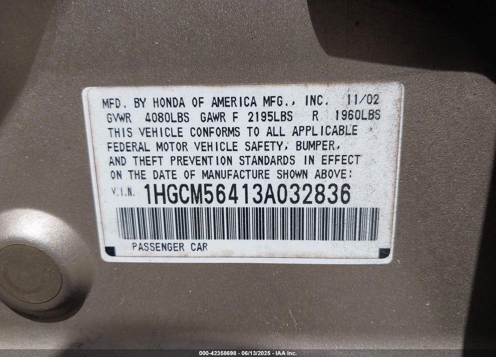 2003 HONDA ACCORD 2.4 LX VIN: 1HGCM56413A032836