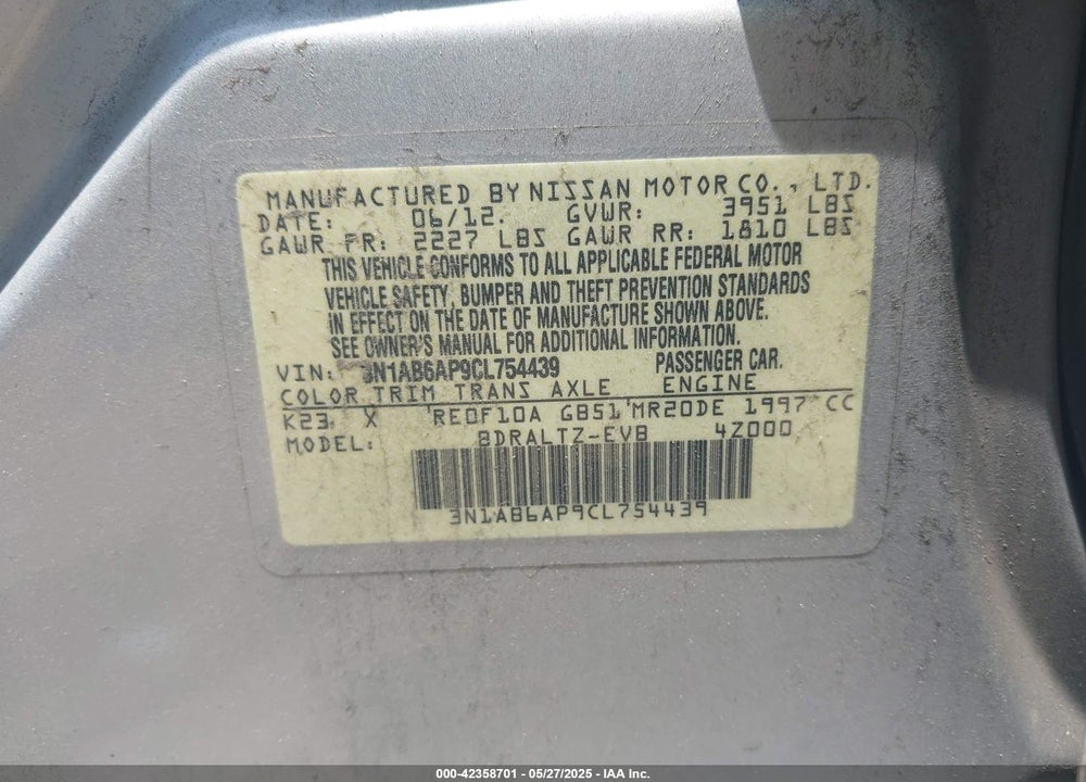 2012 NISSAN SENTRA VIN: 3N1AB6AP9CL754439