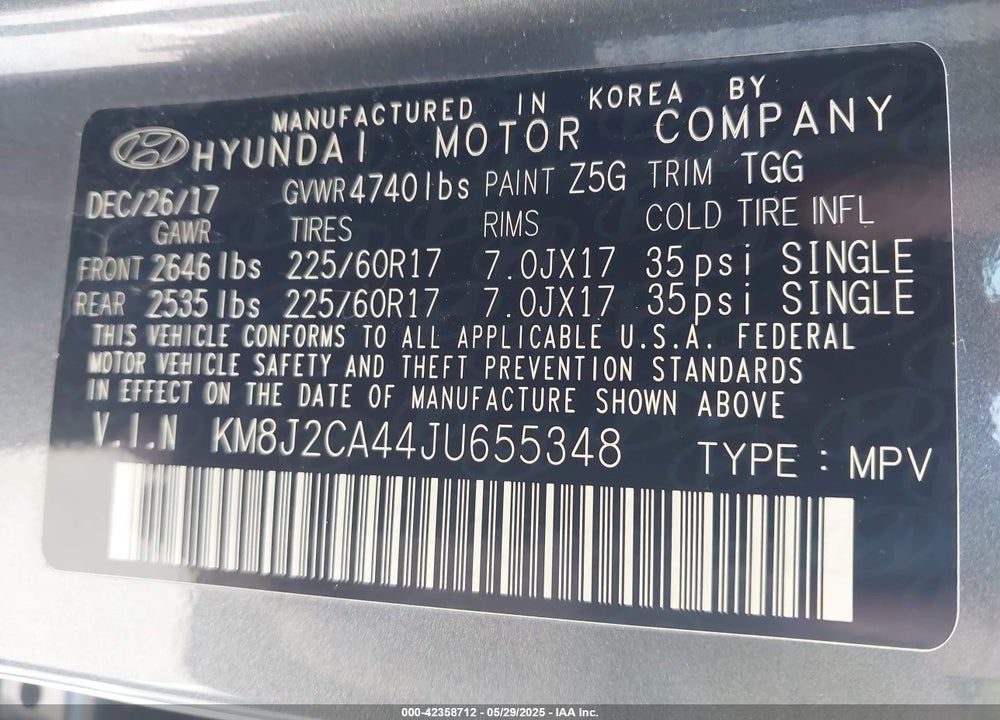2018 HYUNDAI TUCSON VIN: KM8J2CA44JU655348