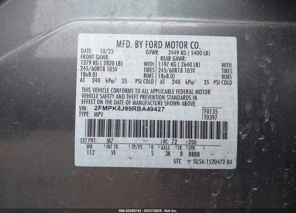 2024 FORD EDGE SEL VIN: 2FMPK4J99RBA49427