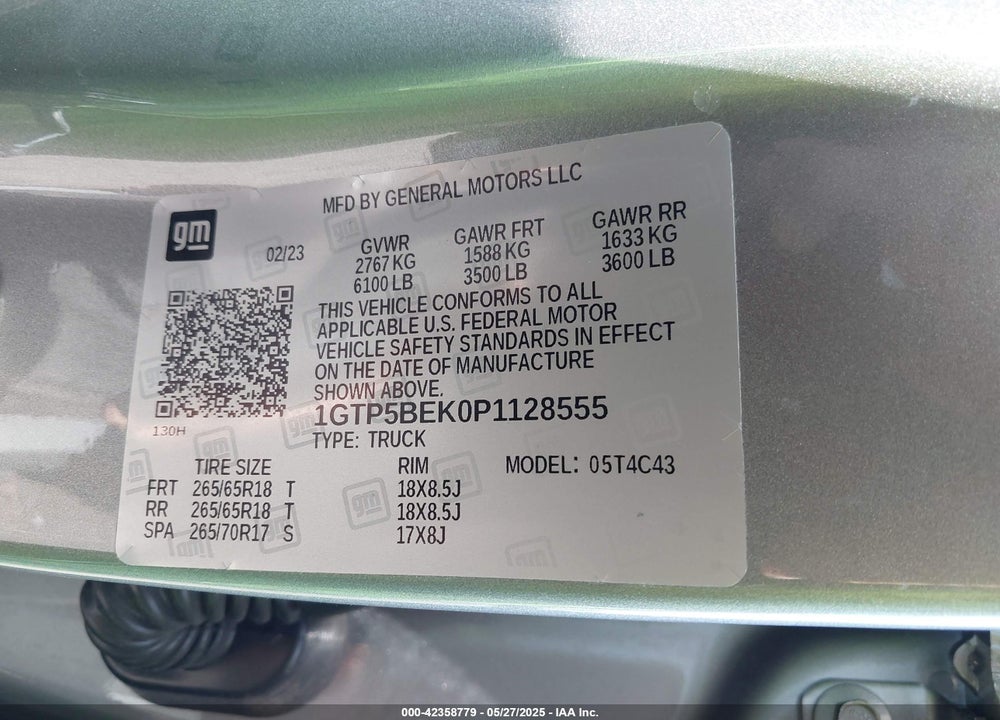 2023 GMC CANYON 2WD SHORT BOX ELEVATION VIN: 1GTP5BEK0P1128555