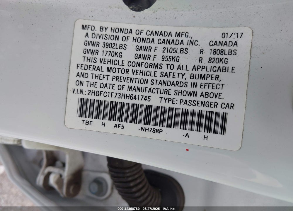 2017 HONDA CIVIC EX-L VIN: 2HGFC1F73HH641745