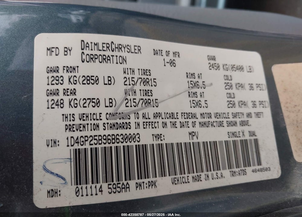 2006 DODGE CARAVAN VIN: 1D4GP25B96B630003