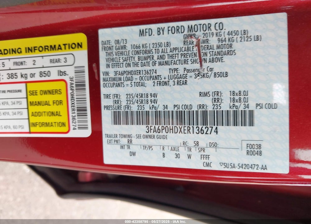 2014 FORD FUSION VIN: 3FA6P0HDXER136274