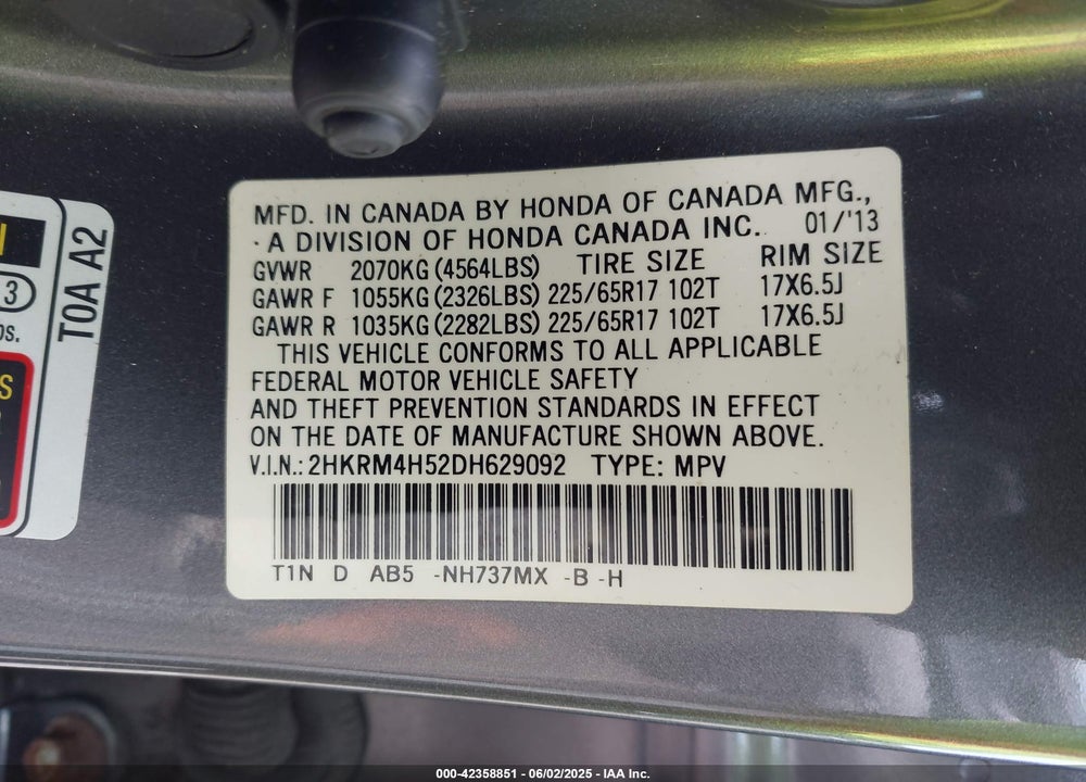 2013 HONDA CR-V EX VIN: 2HKRM4H52DH629092