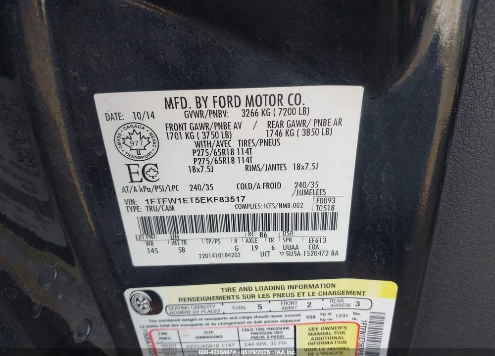 2014 FORD F-150 FX4 VIN: 1FTFW1ET5EKF83517