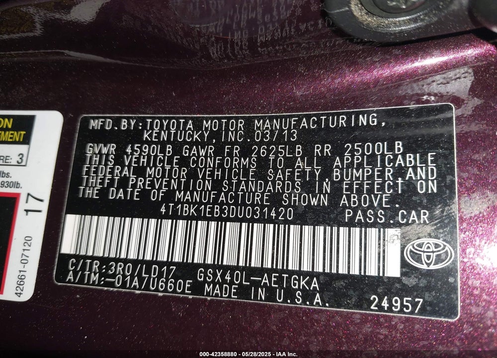 2013 TOYOTA AVALON XLE VIN: 4T1BK1EB3DU031420