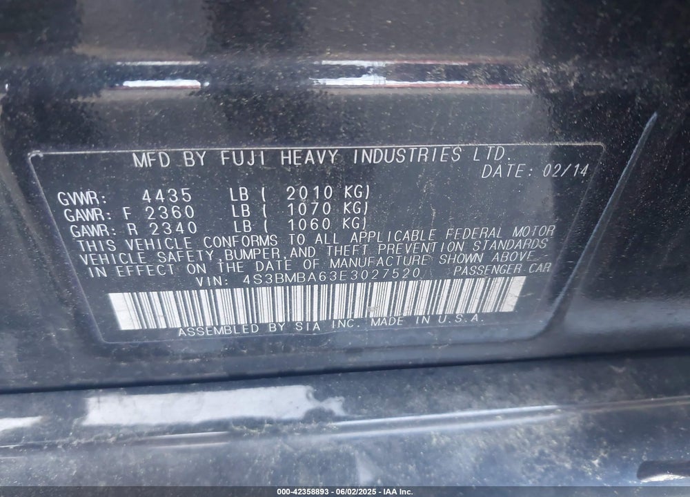 2014 SUBARU LEGACY 2.5I VIN: 4S3BMBA63E3027520