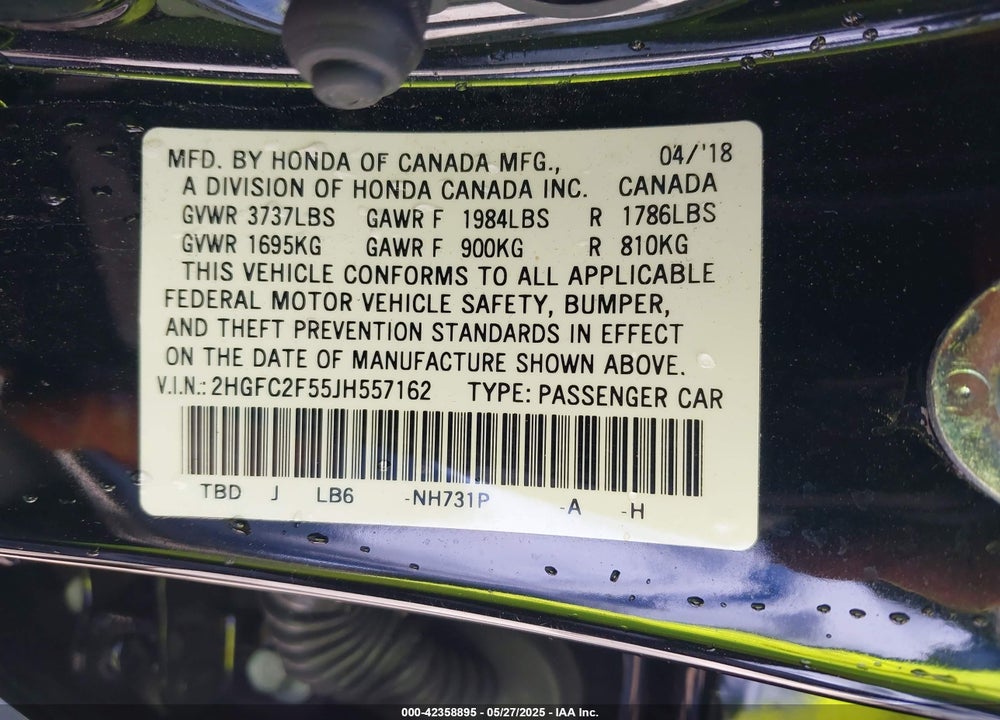 2018 HONDA CIVIC VIN: 2HGFC2F55JH557162