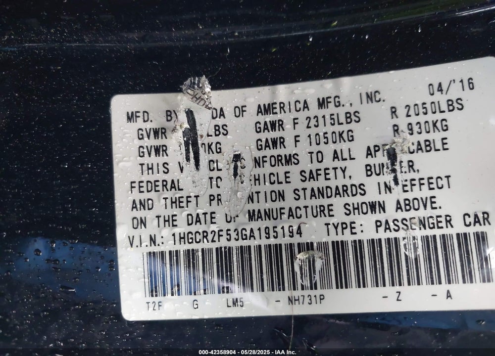 2016 HONDA ACCORD VIN: 1HGCR2F53GA195194